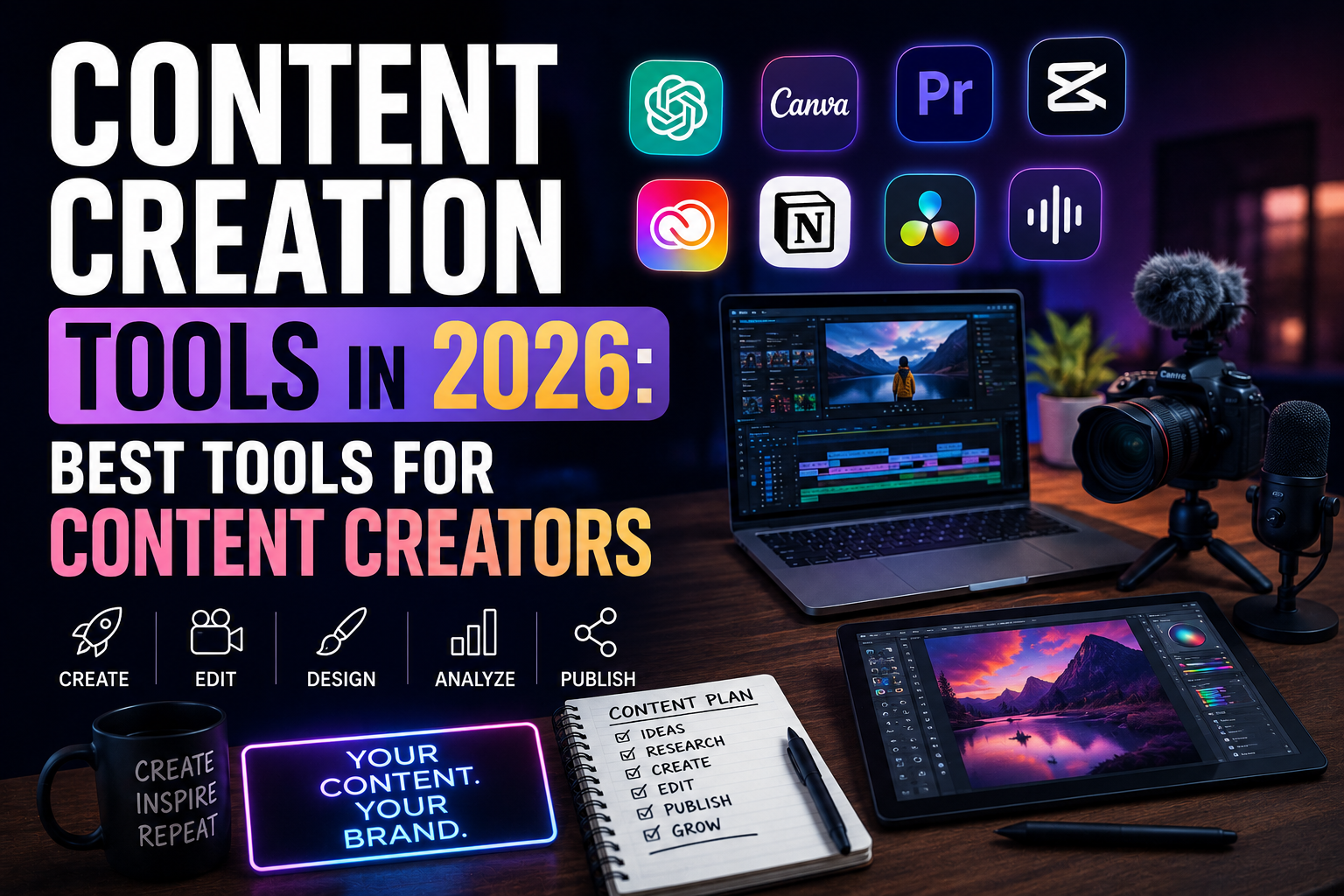 Best content creation tools in 2026 including AI writing, video editing, graphic design, and social media management platforms for creators