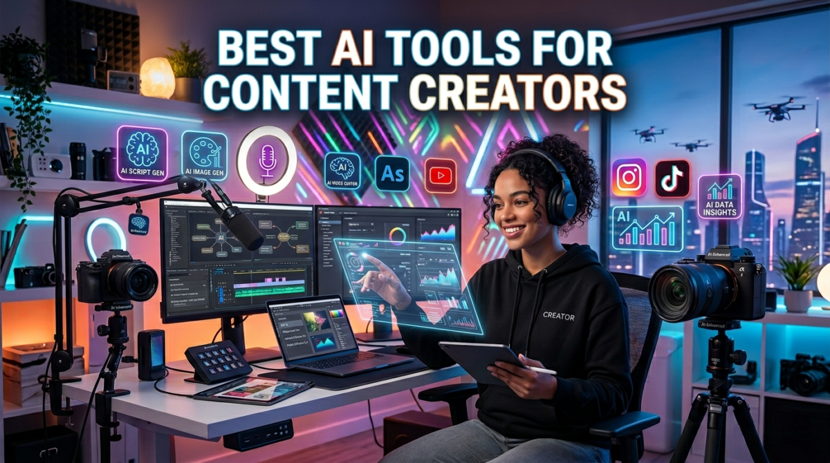AI-powered tools for content creators in 2026 used for writing, video editing, design, scheduling, and workflow automation