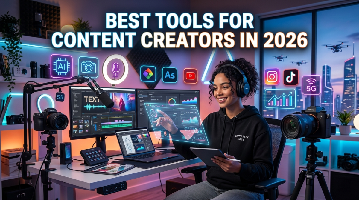 Best tools for content creators in 2026 including AI, video editing, design, and productivity apps