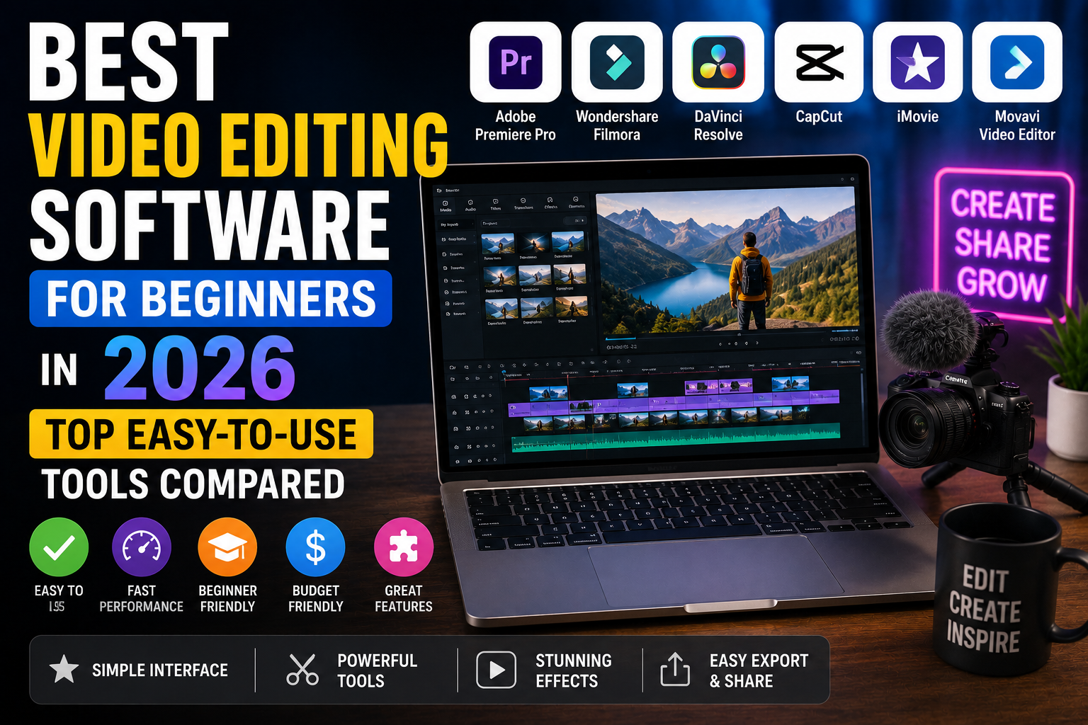 Best video editing software for beginners in 2026 including CapCut, Filmora, Canva Video Editor, and DaVinci Resolve