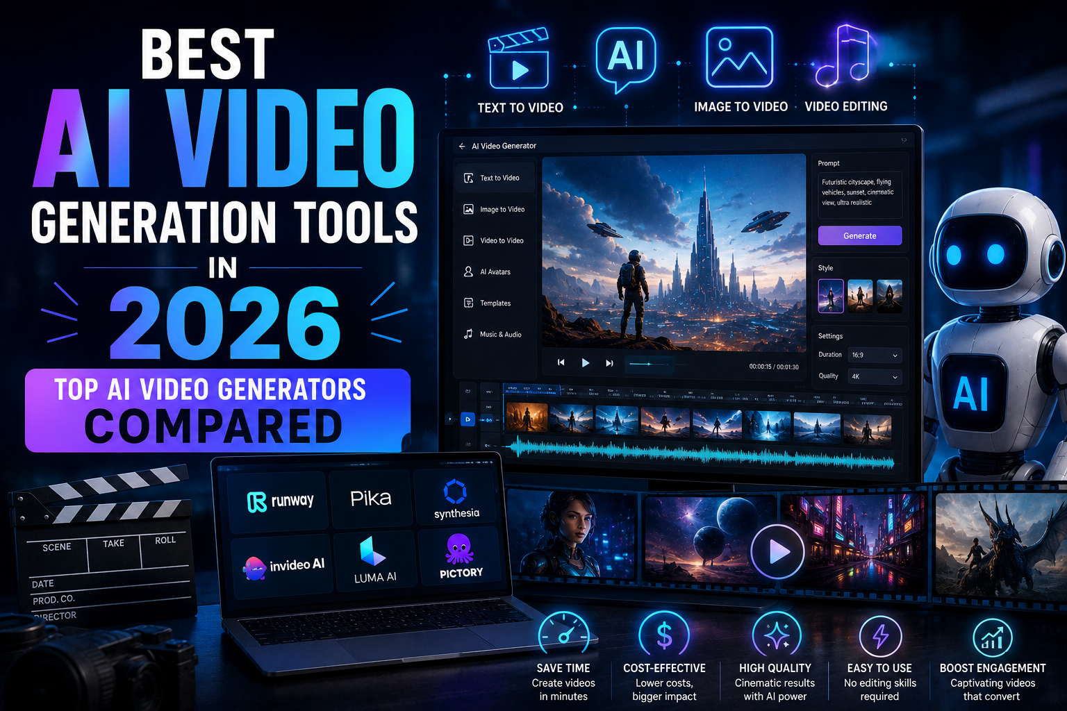 Comparison of the best AI video generation tools in 2026, including Runway, Synthesia, Pika, Kling, Luma AI, HeyGen, InVideo AI, and VEED for content creators and businesses.